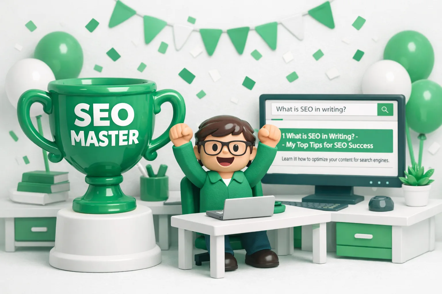 A toy writer celebrating success after their SEO-optimized article ranks high in search results.