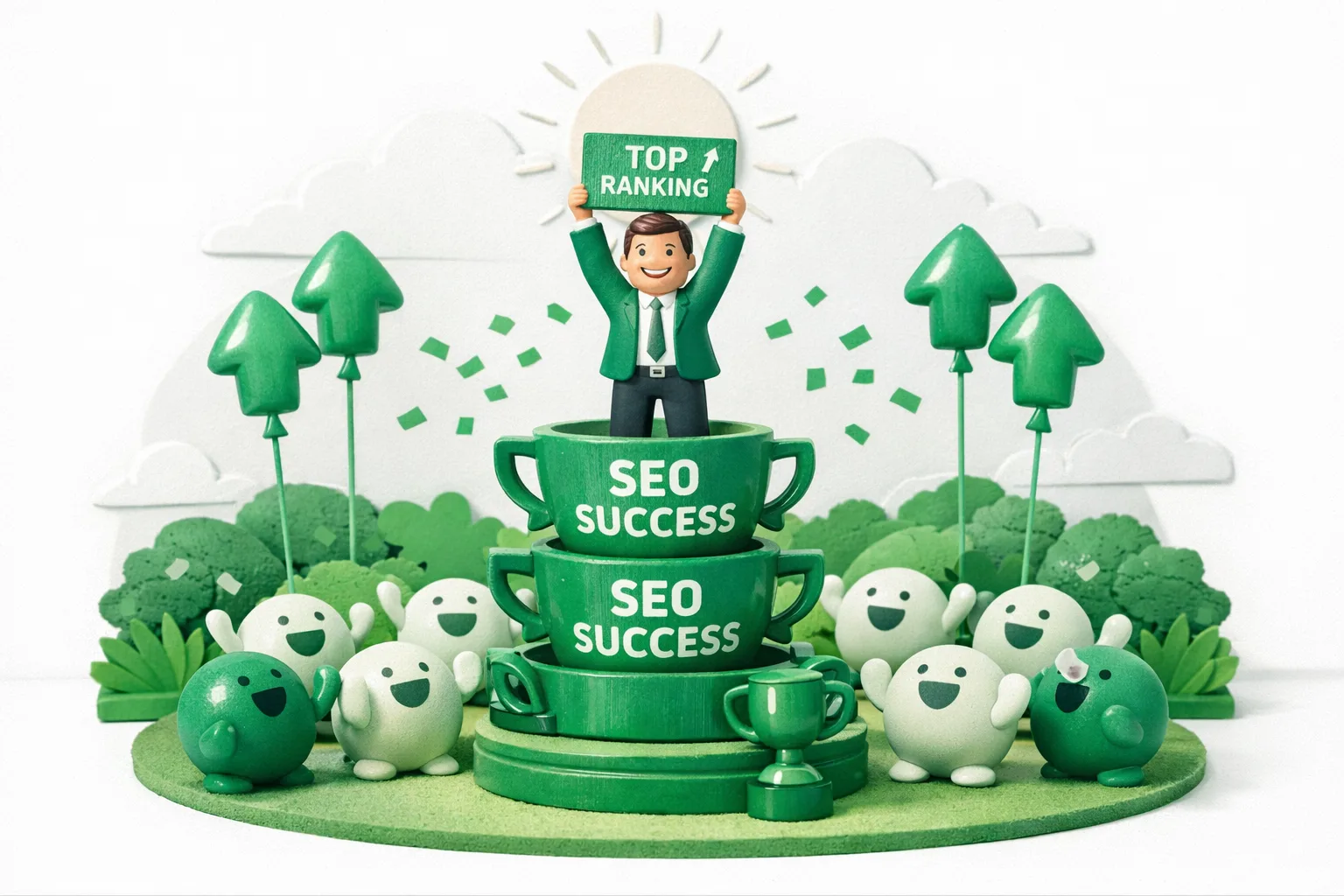 A marketer celebrating SEO success outdoors, surrounded by cheering figures and trophies in a toy diorama.